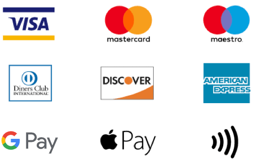 „Visa“ mokėjimo terminalai, „Mastercard“ kortelių aparatas, „maestro“ mokėjimo terminalas, „American Express“ kortelių aparatas, „Diners“ bekontakčiai mokėjimai, „Diners Club“ mokėjimo aparatas, „Discover“ kortelių aparatas, „Apple Pay“ bekontakčiai mokėjimai, „Google Pay“ bekontakčiai mok